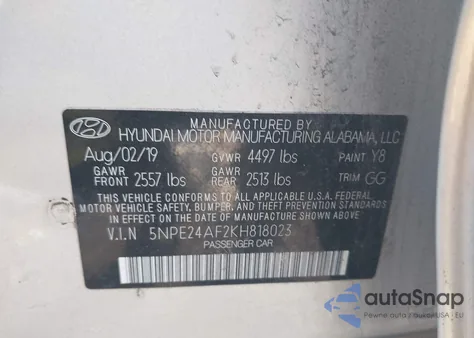 2019 Hyundai Sonata Se z USA, uszkodzony, nr VIN 5NPE24AF2KH818023